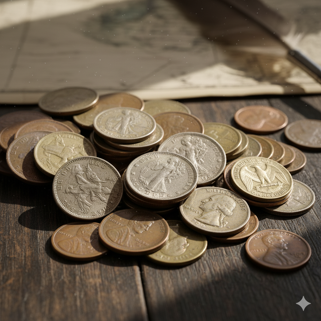 Vintage silver and copper coins scattered across an old wooden desk in warm sunlight — Coin Buyers in Corpus Christi.