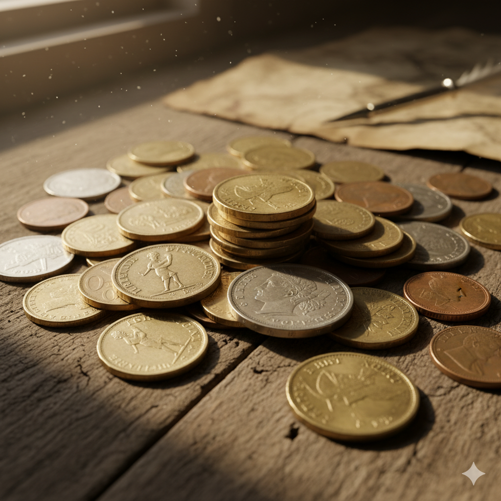 Stacks of gold and silver coins illuminated by sunlight on a rustic wooden surface — Coin Buyers in Corpus Christi.