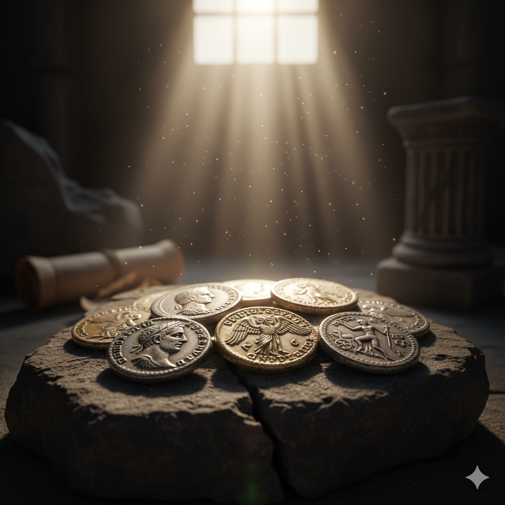 Ancient gold and silver coins resting on a stone slab in a sunlit room — Coin Buyers in Corpus Christi.